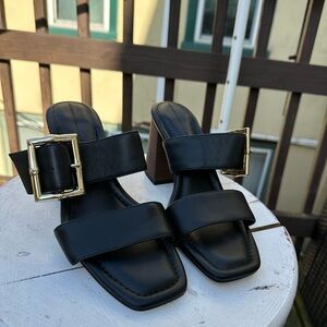 White House Black Market Black Leather Block Heel Sandals with Gold Buckles